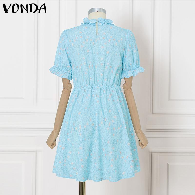 VONDA Summer Women Stand Neck Floral Print Holiday Casual Pleated Dress
