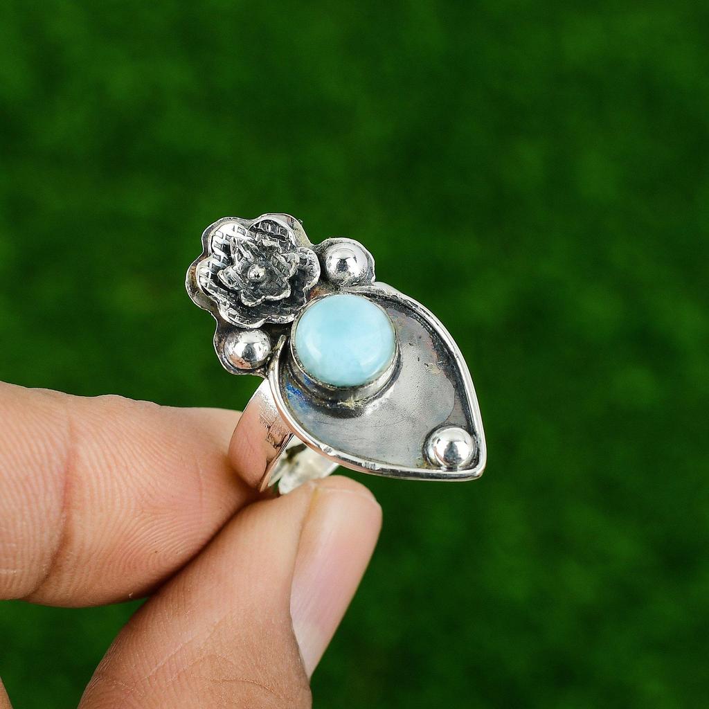 Gift For Her Natural Larimar Stackable Flower Adjustable Ring 925 Silver