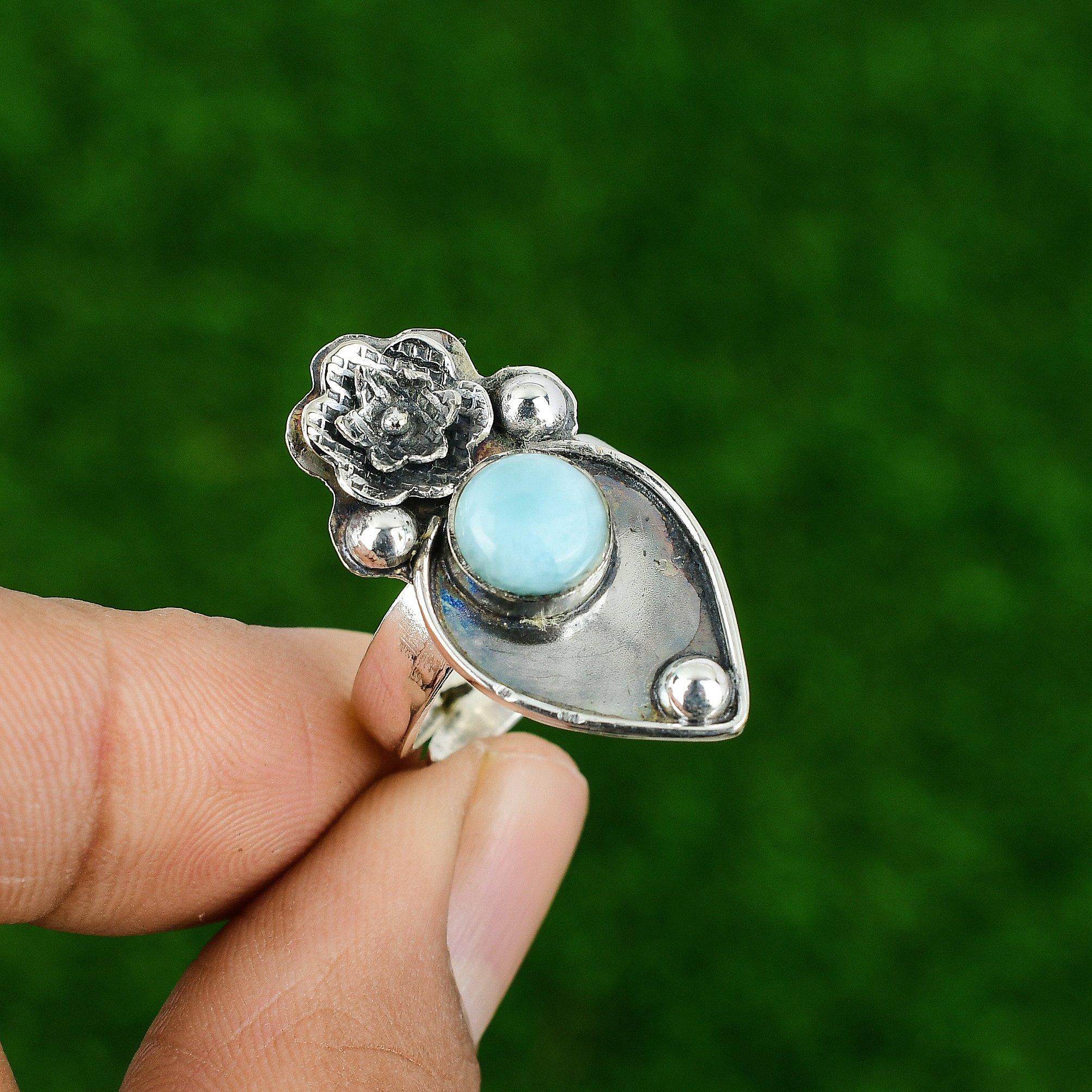 

Подарок для нее Натуральный ларимар Штабелируемое кольцо-цветок Регулируемое кольцо из серебра 925 пробы Adjustable