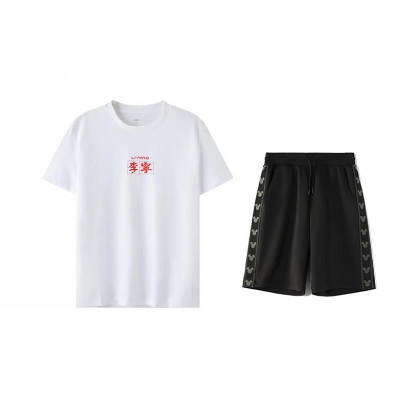 

Футболка с круглым вырезом и коротким рукавом с принтом логотипа Li Ning Удобная, приятная к коже, универсальные шорты, повседневный спортивный комплект, унисекс комплекты YHST169-1+YKSV129-2 S