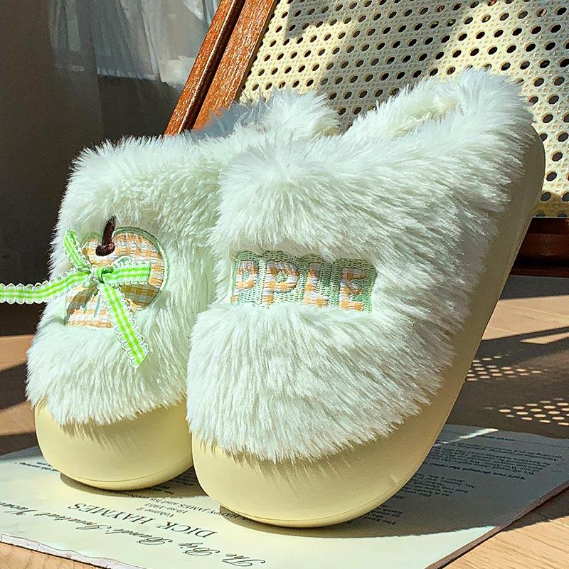 New Autumn and Winter Plush Apple Bow Cotton Slippers Piled and Thickened To Keep Warm Can Be Worn Outside Women's Cotton Mop