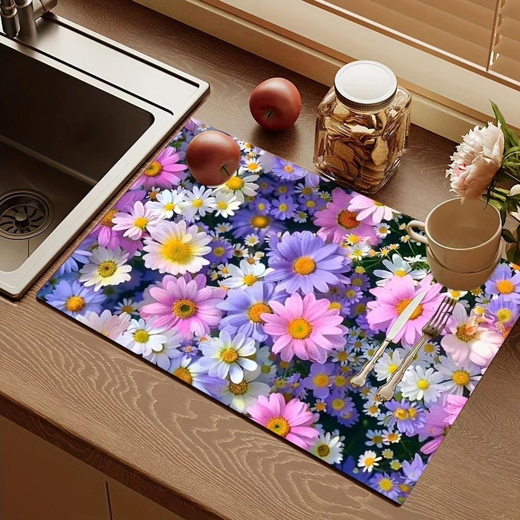 1Pcs Rubber Drying Mat With Colorful Daisy For Coffee Shop Restaurant Kitchen Carpet Tableware Durable Diatom Mud Table Mat Pet Mat Coffeeware