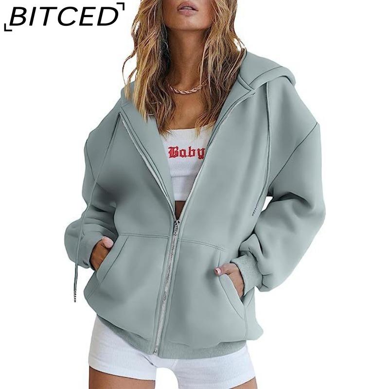 BITCED Unisex Fleece-Lined Hooded Sweatshirt Casual Cardigan with Zip-Up Front