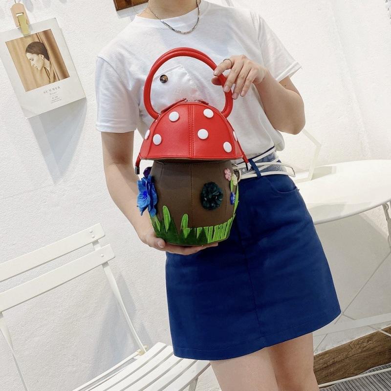 Bag Women'S Bag Splicing Contrasting Color Retro Handbag Handmade Creative Niche Design Mushroom Bag