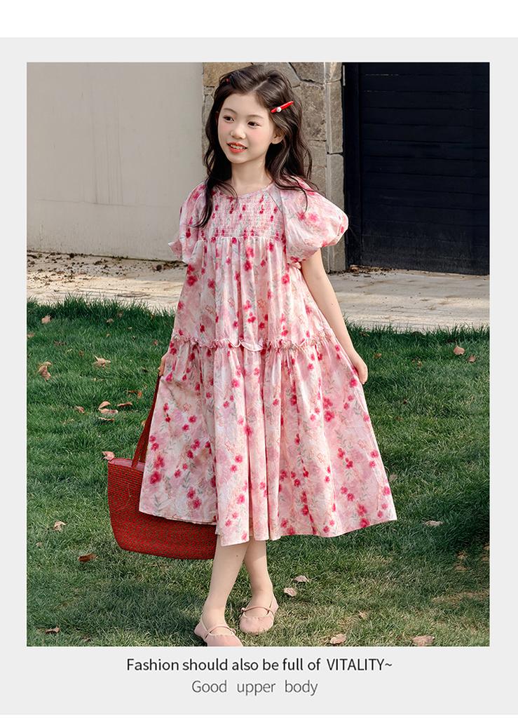 Girls' dress summer 2026 new item beautiful floral bubble sleeves princess dress summer dress children's dress