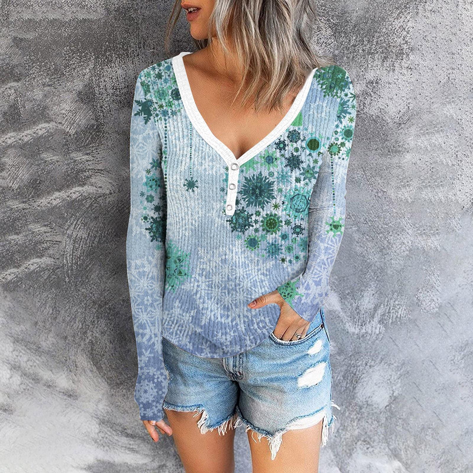 

Женский повседневный облегающий топ с длинными рукавами и v-образным вырезом на пуговицах и рождественским принтом M