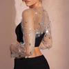 Yousheng Women's Sequins Rhinestone Shrug Long Sleeve Mesh Fishnet Bolero Glitter Open Front Cover Up Sparkly Rave Crop Top