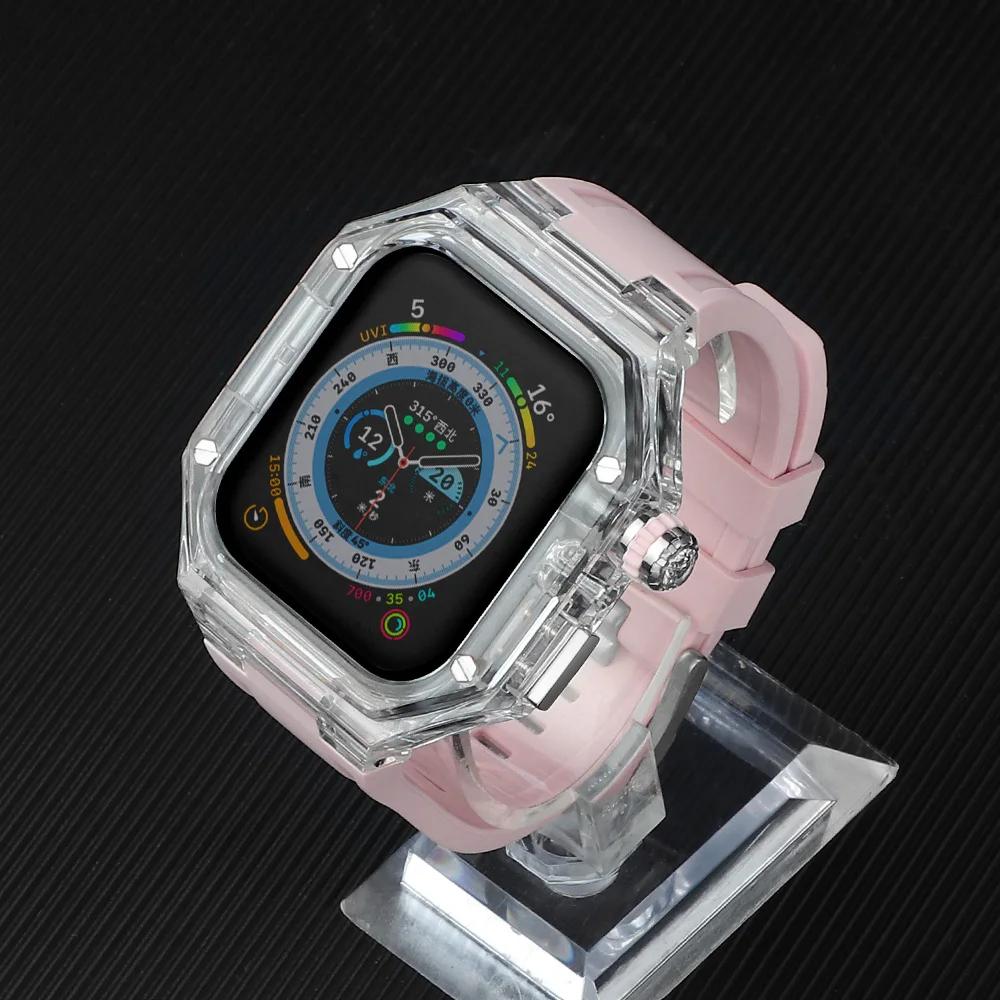 Silicone Strap+ Transparent Case for Apple Watch ultra2 49mm 44mm 45mm Sport Band Bezel for iwatch series 9 8 7 SE 6 5 4 Mod Kit