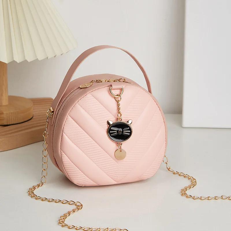 Casual  Shaped Bag for Women  Modern Fashion  Embossed Print  Cat Pendant  Diagonal Cross  Small Round Bag