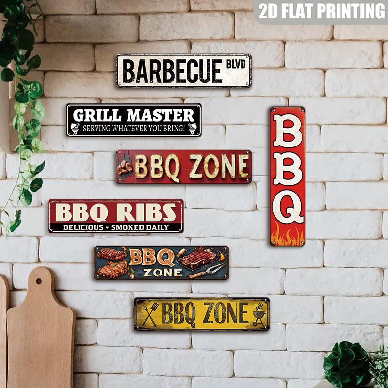 BBQ Zone Long Metal Sign, Retro Barbecue Wall Decor, Grill Master Tin Plaque for Backyard Patio, Kitchen