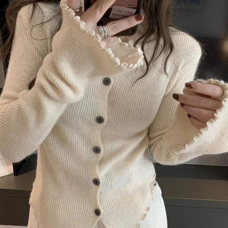 Knitted Cardigans Women Solid V-neck Simple Korean Fashion Designed All-match Y2k Tops Casual Sweaters Aesthetic Clothes