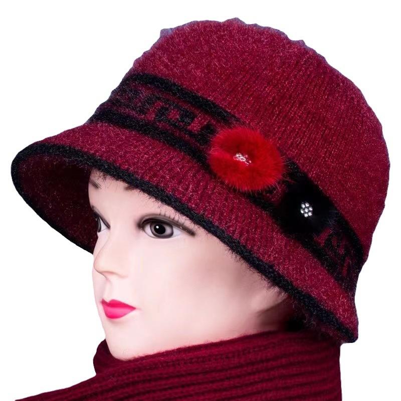 Middle Aged Elderly Winter Mothers Knitted Hats Warm Woolen Hats with Added Velvet Women's Ear Protection Covers Thick Duckbill Caps