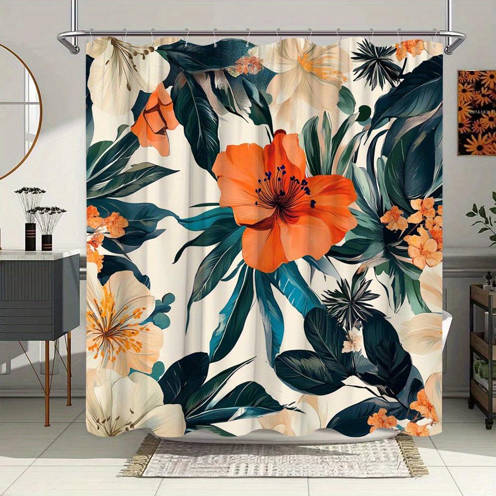 1Pc Vibrant Hibiscus Shower Curtain - Realistic Textured Digital Print Orange Flowers & Green Leaves, 70X70 Inch Polyester Bathr