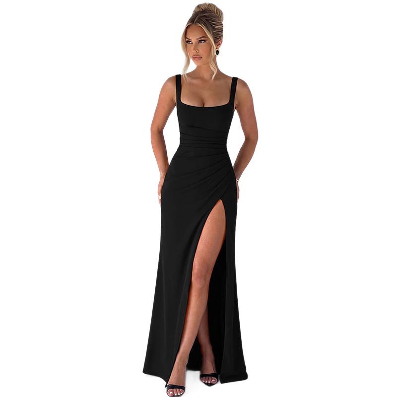 European and American Women's Clothing Light Luxury Evening Dress Long Dress Summer New Sexy Backless Suspender High Split Dress