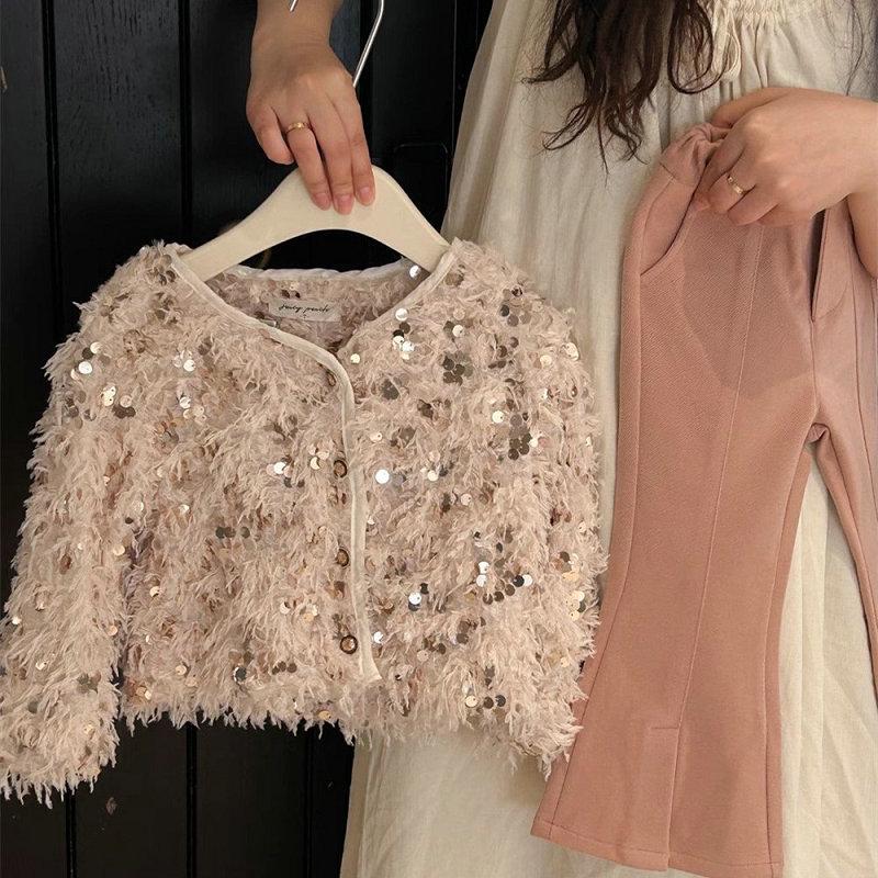 Girls' Sequined Fur Coat: Long-Sleeve Outerwear for Ages 3-8, Ideal for Spring & Autumn