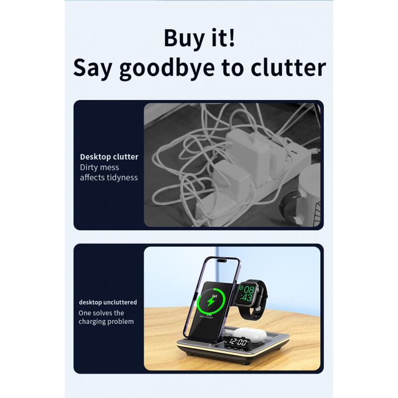 Foldable 3 in 1 Wireless Charger Station with Digital Clock Display Fast Charging Magnetic Stand