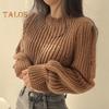Autumn Winter Knitting Tops Round Neck Puff Long Sleeve Solid Color Loose Fit Casual Top Ribbed Trim Pullover Sweater
