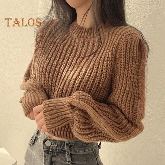 Autumn Winter Knitting Tops Round Neck Puff Long Sleeve Solid Color Loose Fit Casual Top Ribbed Trim Pullover Sweater