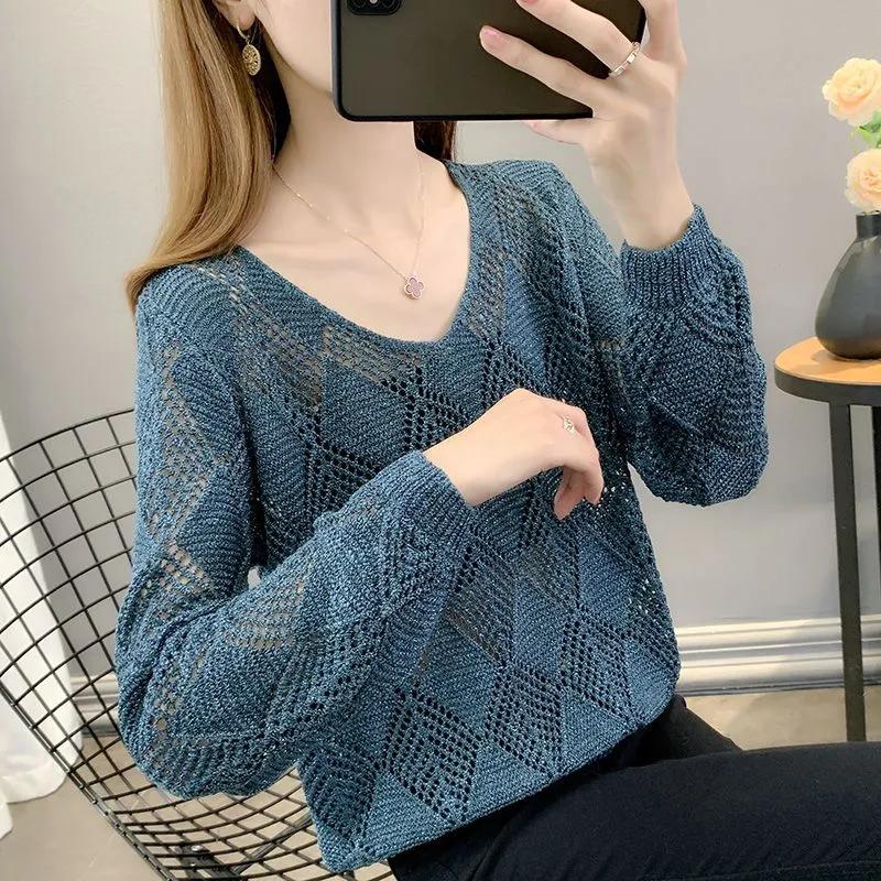 Women's Spring and Summer Loose-Fit V-Neck Long Sleeve Hollow Out Top Thin Pullover Knit Base Layer Sweater