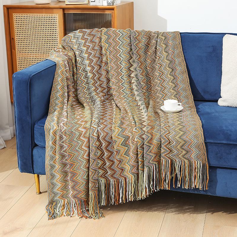 Bohemian Knitted Sofa Blanket: Cozy Autumn & Winter Shawl for Travel, Office, or Nap