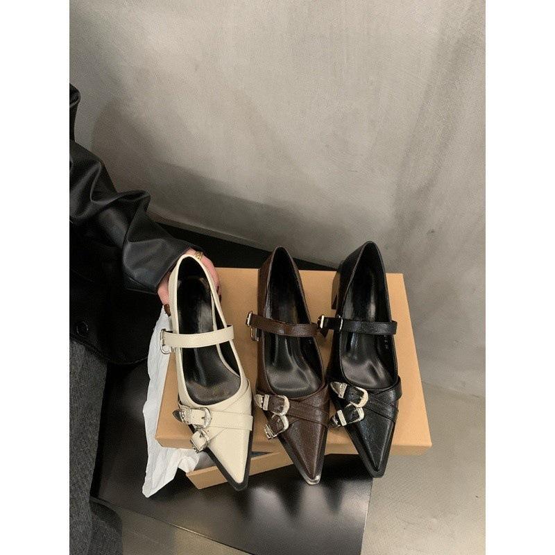 Thick heel retro black pointed single shoes women's shoes 2025 new autumn and winter French Mary Jane evening small leather shoes