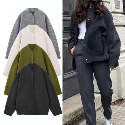 Women's New Pocket Decorative Hidden Button Loose Versatile Bomber Jacket Round Neck Long Sleeve Casual Top Coats