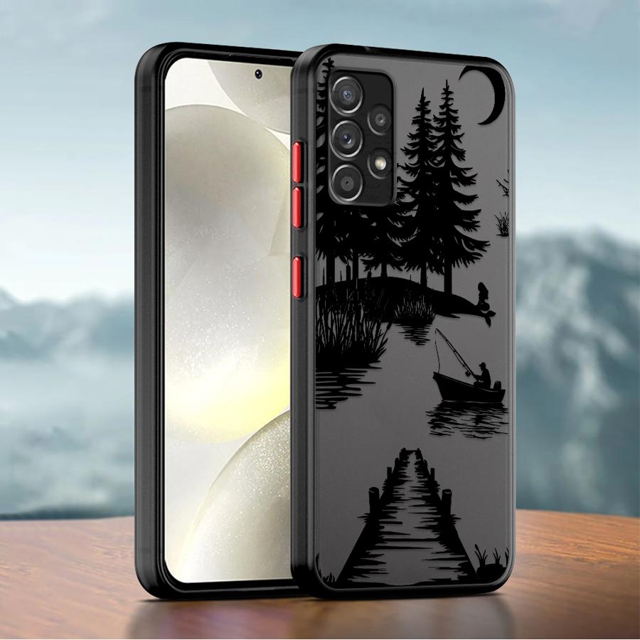 Phone Cover Case for Samsung Galaxy A73 A33 A56 A55 A35 A53 A14 A23 A52S A72 A17 A52 A54 A16 A15 A34 A36 Cartoon Forest Fishing