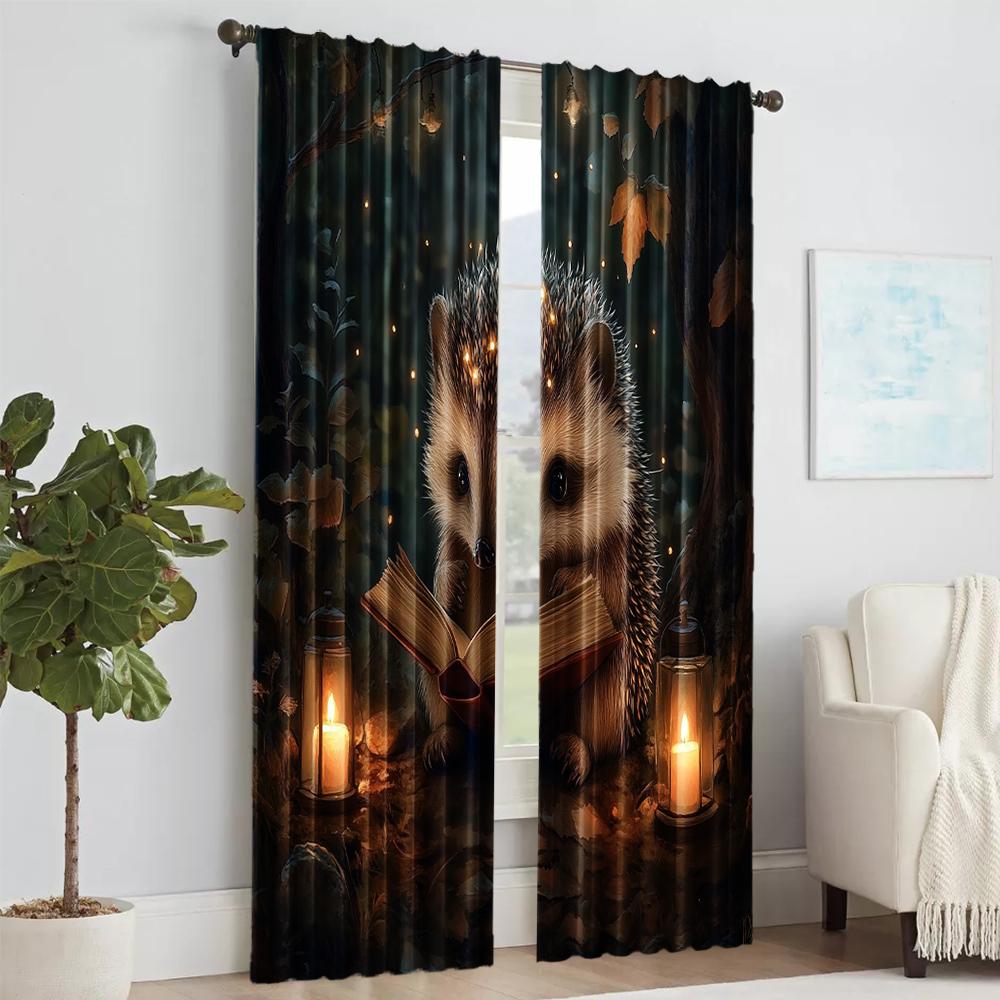 Versatile Polyester Transparent Curtains Home Decoration Hedgehog Reading Use Bedrooms Living Rooms Set Of 2 Made Area Decor
