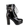 Sexy Single Boots Lace Up Solid Leather High Thick Heel Platform Ankle Short Boots Unisex Plus Size Padlocks Boots