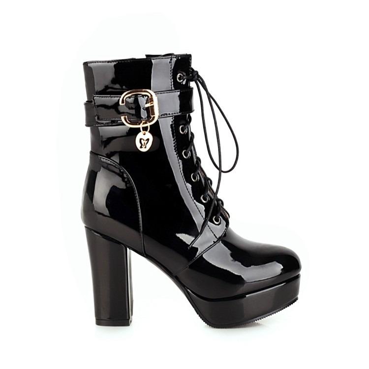 Sexy Single Boots Lace Up Solid Leather High Thick Heel Platform Ankle Short Boots Unisex Plus Size Padlocks Boots