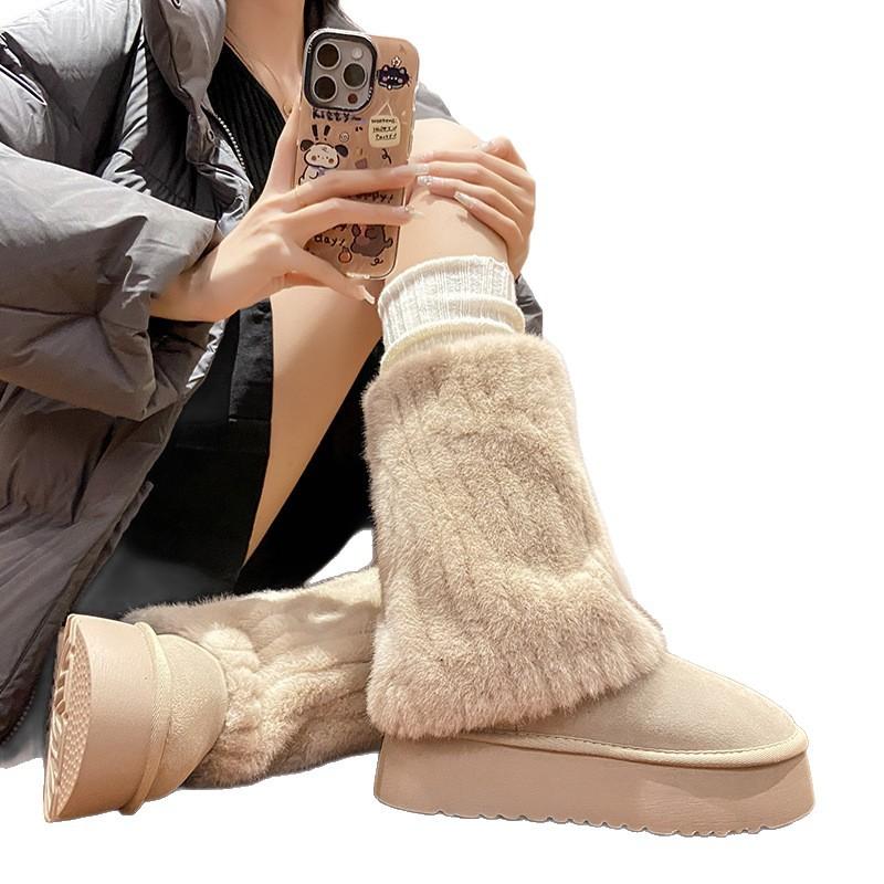 Thick-soled Snow Boots Women's 2025 Winter New Leather White Plush Heightened Plush Thickened Cotton Shoes