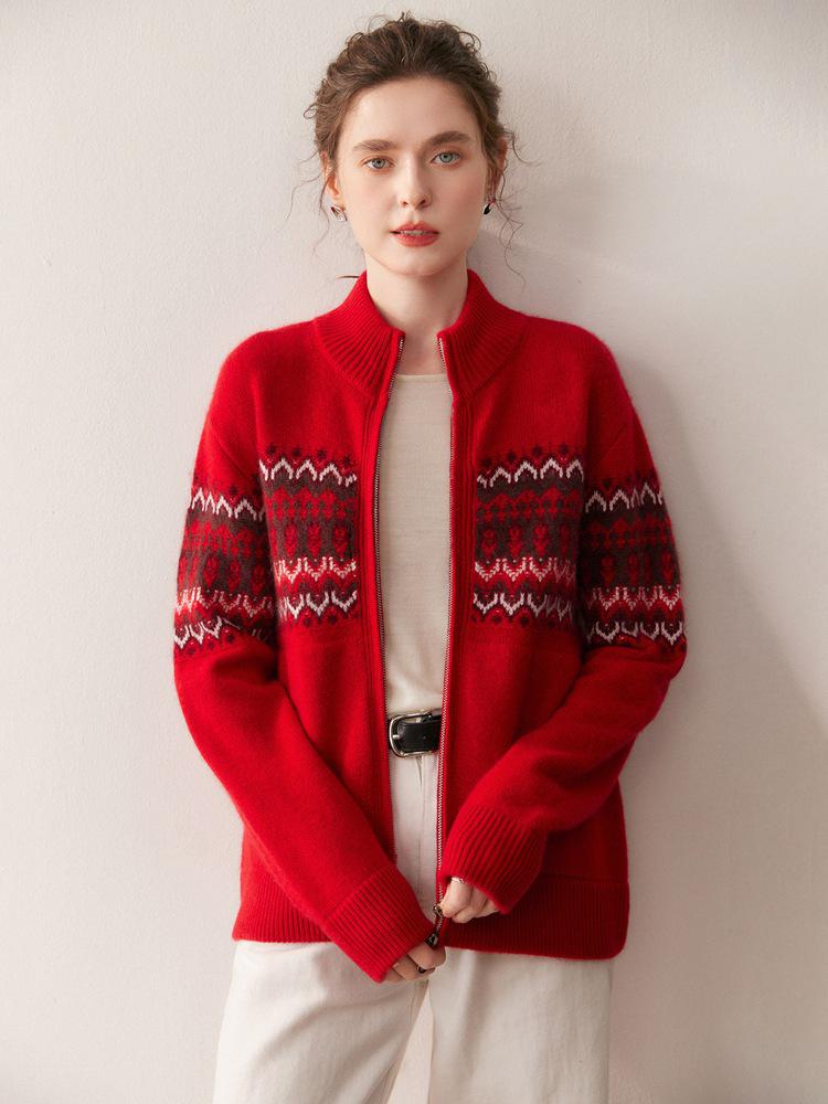 Fair Isle Jacquard Double Zipper Cashmere Cardigan Sweater for Women