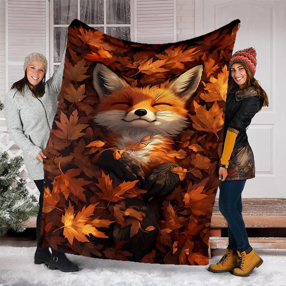 1pc Autumn Leaves, Fox Print Outdoor Blanket, Lightweight Polyester,
