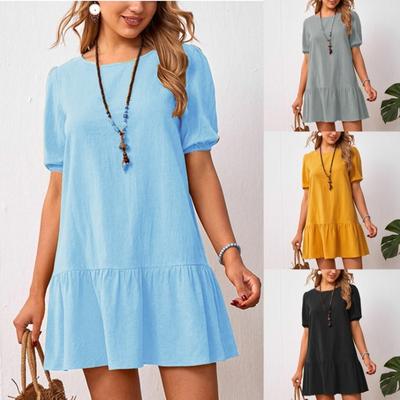 Summer Women's Dress Solid Color Loose Waist Cotton Linen Round Neck Dress