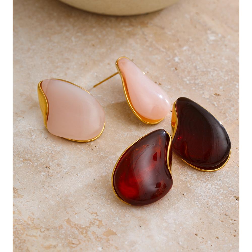 Yhpup Fashion Resin Acrylic Water Drop Stud Earrings 18K Golden Plated Stainless Steel Y2K Daily Jewelry Pink Beige Amber Green