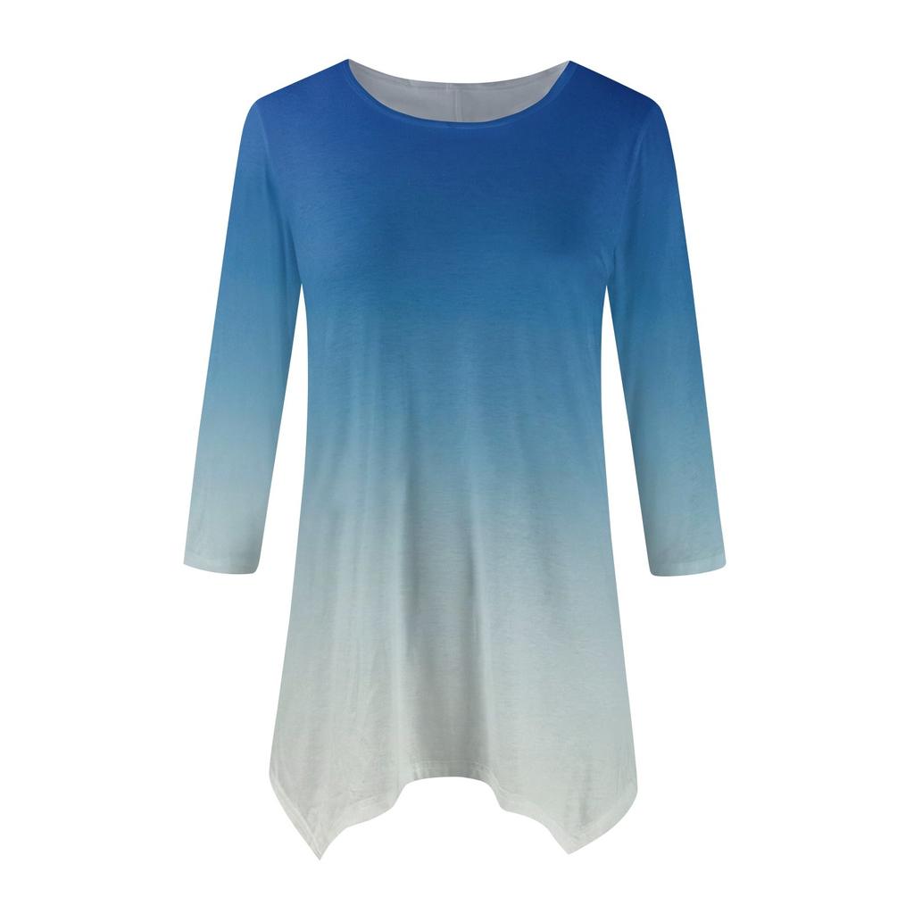 Women's Fashion Casual Crew-neck Gradual Print Seven-point Sleeve Shirt Belted Loose Comfortable Top