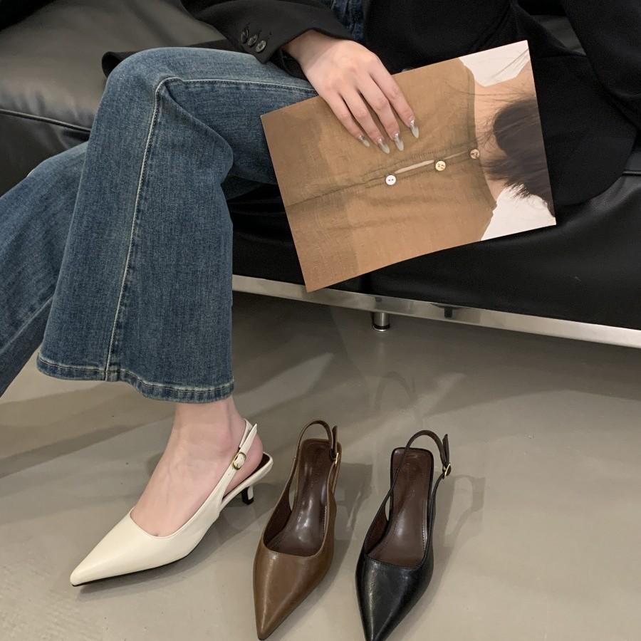 2025 spring and summer new women's shoes shallow mouth bag head thin heel empty sandals European and American medium and low heel shoes versatile bl