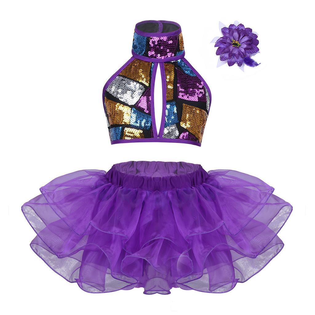 Bambina Ragazza Paillettes Tutù da Balletto Vestito Set Scollo all'americana Danza di Sala Lirica Jazz Costumi Palcoscenico Performance Gonna Danza Outfit