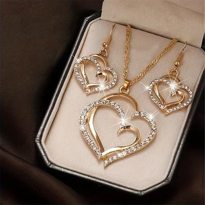 Double Heart Necklace, Earrings, And Bracelet Jewelry Set; Fashionable Accessories; Romantic Mother'S Day Gift.