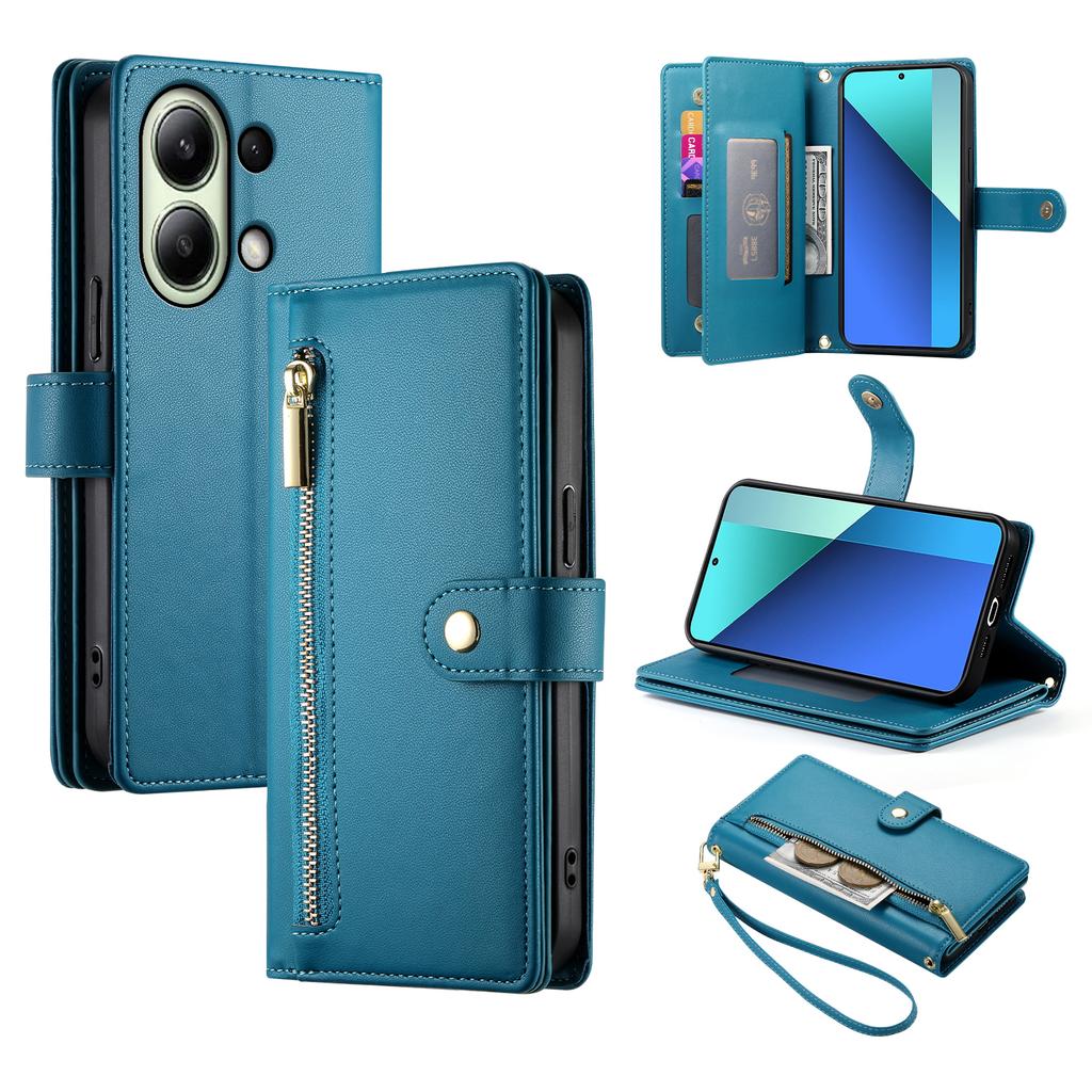 DF-011 For Xiaomi Redmi Note 13 4G Leather Case Zipper Phone Cover with Hand Strap/Shoulder Strap
