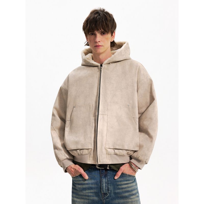 Blaexit American-Style Faux Rabbit Fur Hooded Marble-Patterned Mountain Carving Jacket for Men, Thickened Winter Cotton Coat, Trendy