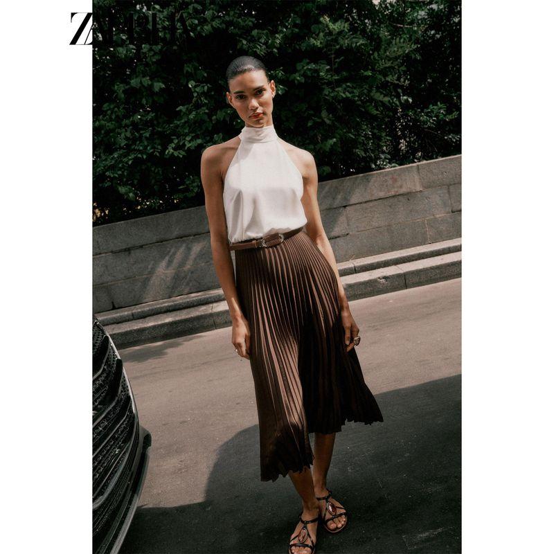 Zaprha 2025 Autumn New Fashion Small Pleated Patchwork Hanging Neck Collar Backless Midi Dress 8462335