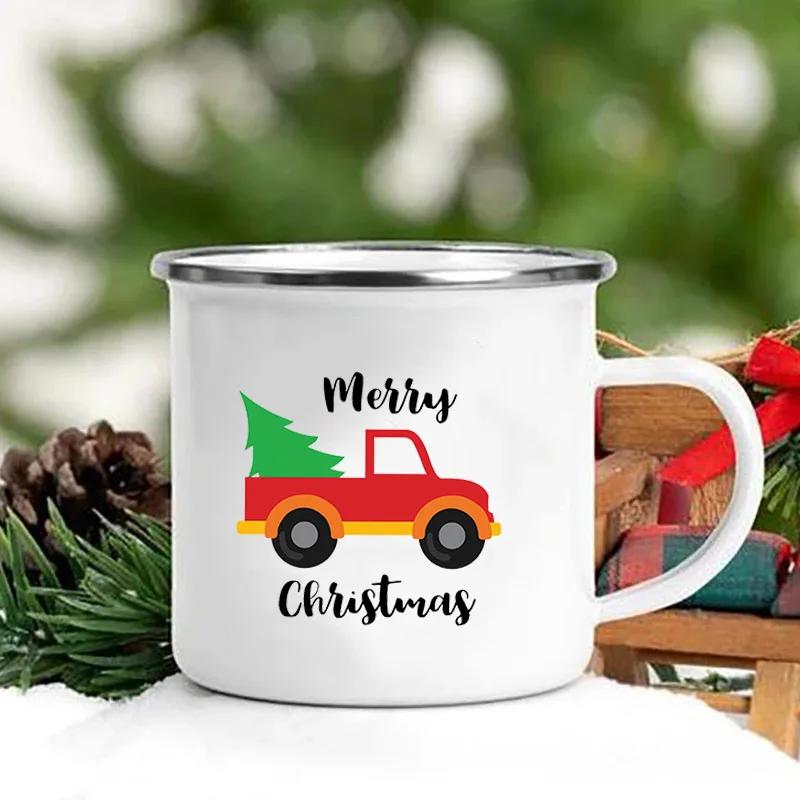 Merry Christmas Print Creative Enamel Coffee Tea Wine Drink Mug Dessert Hot Cocoa Milk Cup Cake Mugs Handle Drinkware Xmas Gifts
