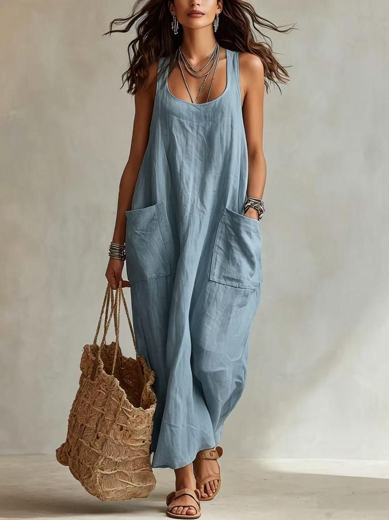 2026 Summer European-American Cotton Linen Casual Pocket Spaghetti Strap Long Dress