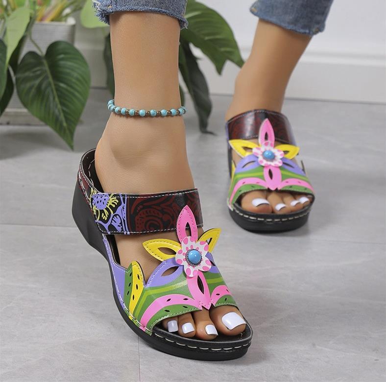 Fashion Wedge Slippers Colorblock Tribal Floral Pattern New Women's Platform Slides Tribal Floral Print Sandals Women Ethnic Shoes