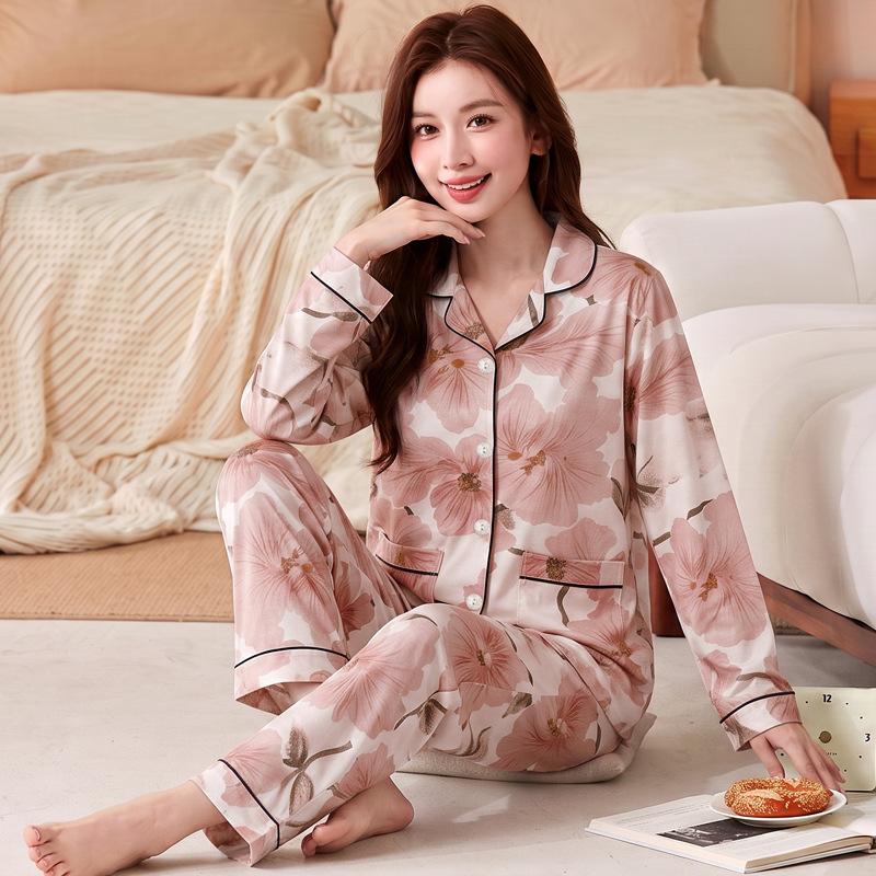 Fashion sweet printed pajamas women's spring and autumn imitation cotton long-sleeved loungewear large size comfortable mother suit