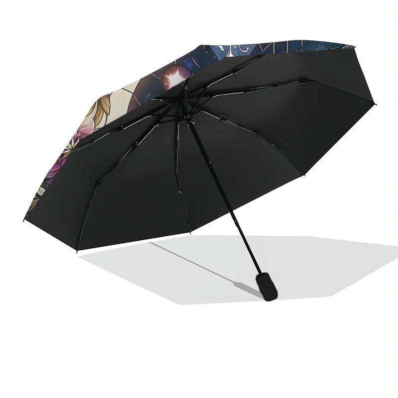 1pc Stained Glass Fairy Moon Flowers Automatic Folding Umbrella - Portable 3-Fold Design with 8-Bone Iron Frame, Outdoor for Fans, Travelers, Daily Us