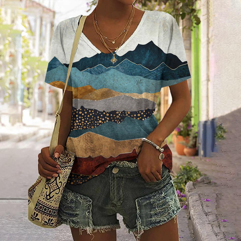 Printed Striped T-shirt New Simple Clothes Casual V-neck Short-sleeved T-shirt Retro T-shirt Summer