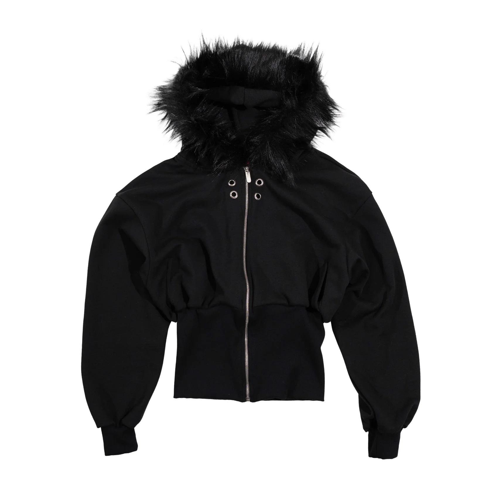 

Європейська та американська ретро-куртка Y2K вуличного стилю з капюшоном, що стягується на талії, пухнаста, на блискавці Large чорний