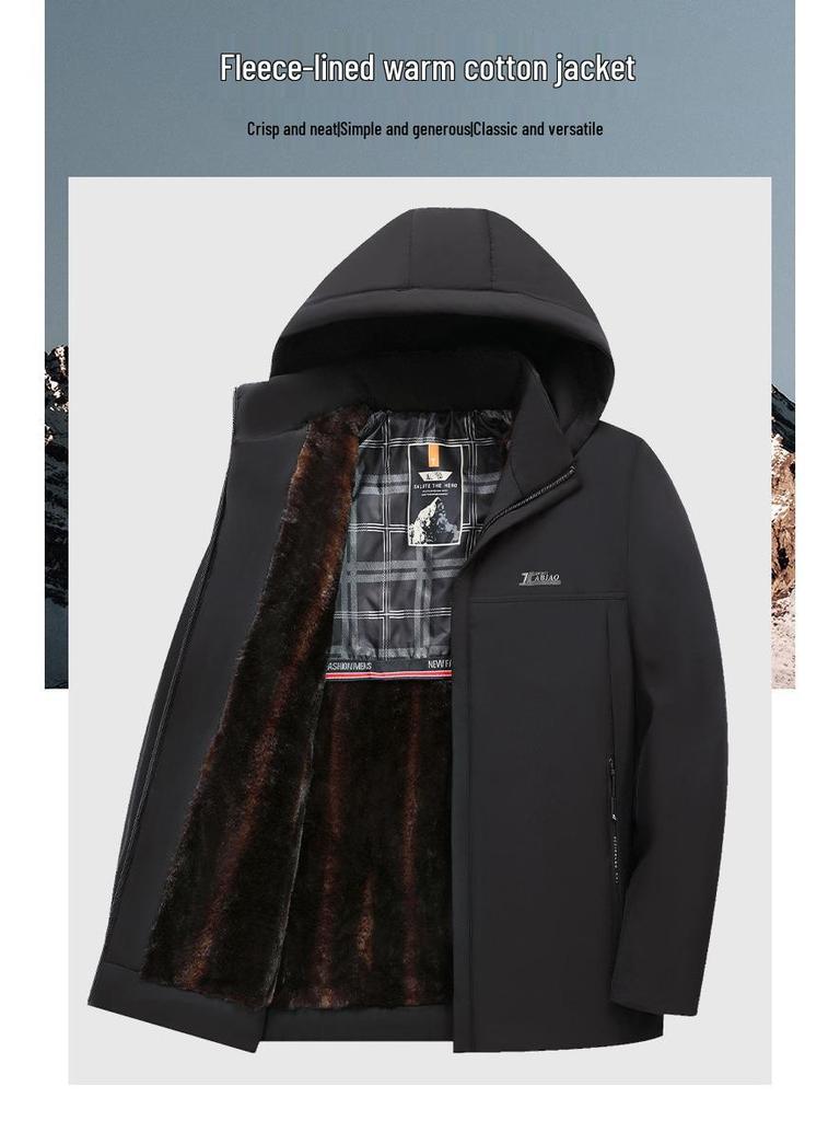Men's Winter Cotton Jacket with Detachable Hood, Cold-proof and Warm Outerwear for Middle-aged and Elderly, Plus Velvet Lining.